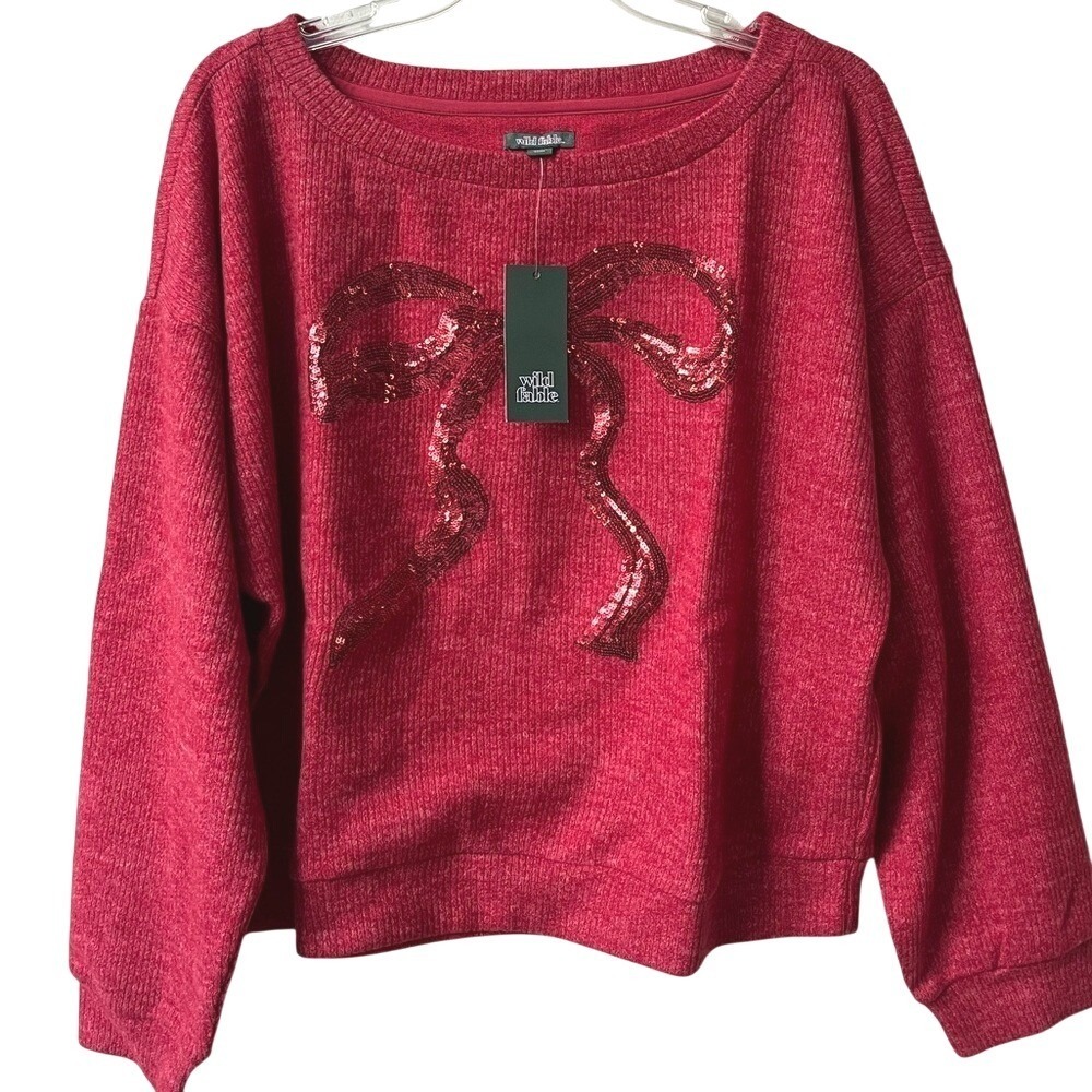 Wild Fable Sequins Bow Pullover Sweater Womens Medium Red Sparkle Soft NWT